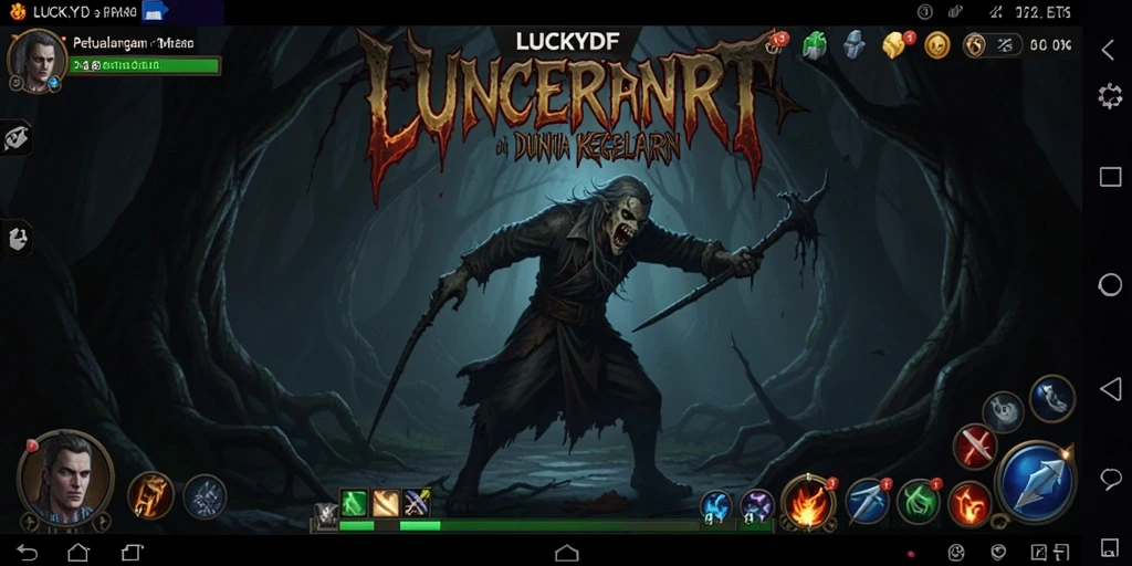 Tampilan gameplay LUCKYDF dengan suasana horor yang mencekam.
