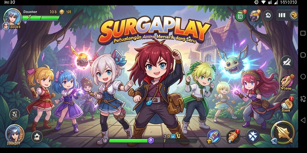 Tampilan gameplay SURGAPLAY yang penuh aksi dan karakter anime berwarna-warni.